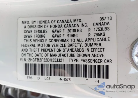 2013 Honda Civic Lx z USA, uszkodzony, nr VIN 2HGFB2F52DH553321